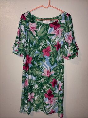 Pappagallo Blue Tropical Midi Dress with Green Leaves & Pink Flowers